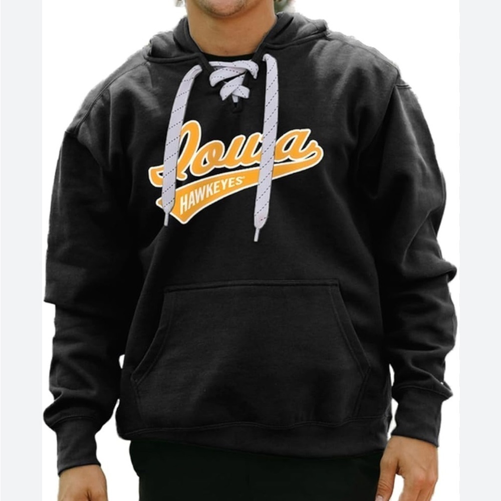 Black Iowa Hawkeyes Hooded Sweatshirt NEW XL NCAA Hooded Tie Up Neck